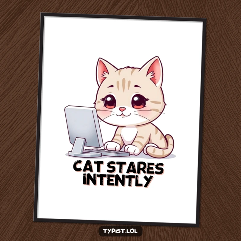 Funny digital art print of a smiling cat staring intensely at a computer screen, symbolizing humorous focus and digital immersion for instant decor.