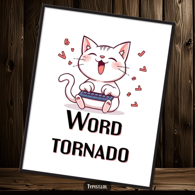 Funny digital art print of a delighted cat typing furiously, letters flying, offering downloadable feline creative humor.