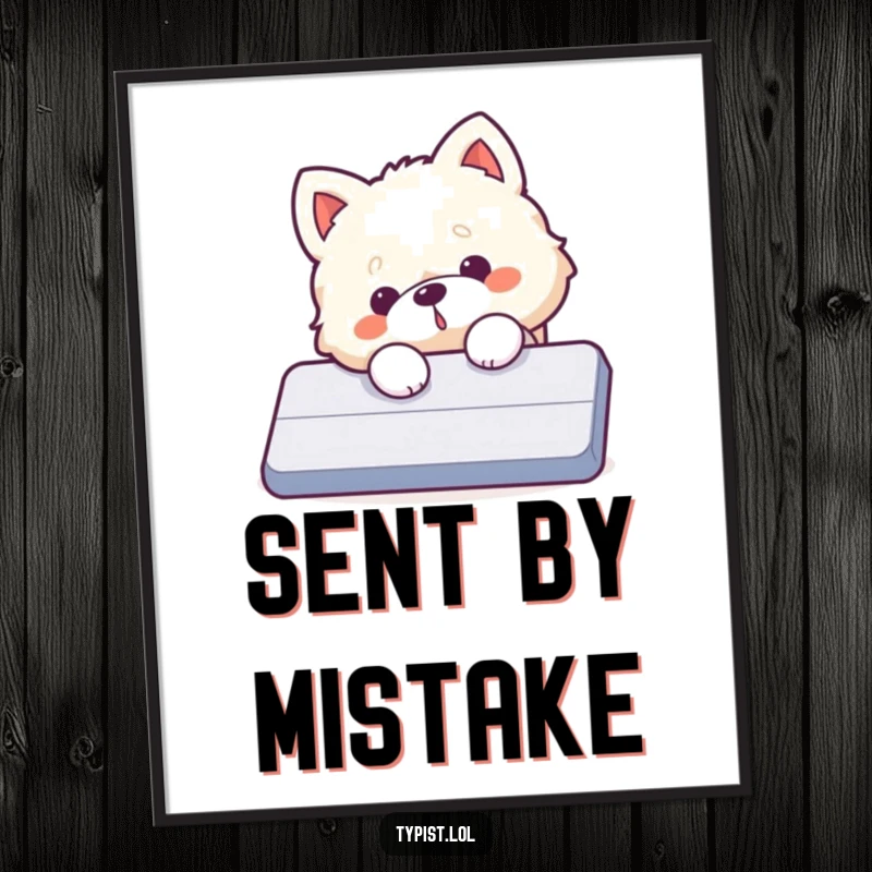 Funny dog digital art print, a fluffy dog character accidentally hits a giant enter key, causing comical results.