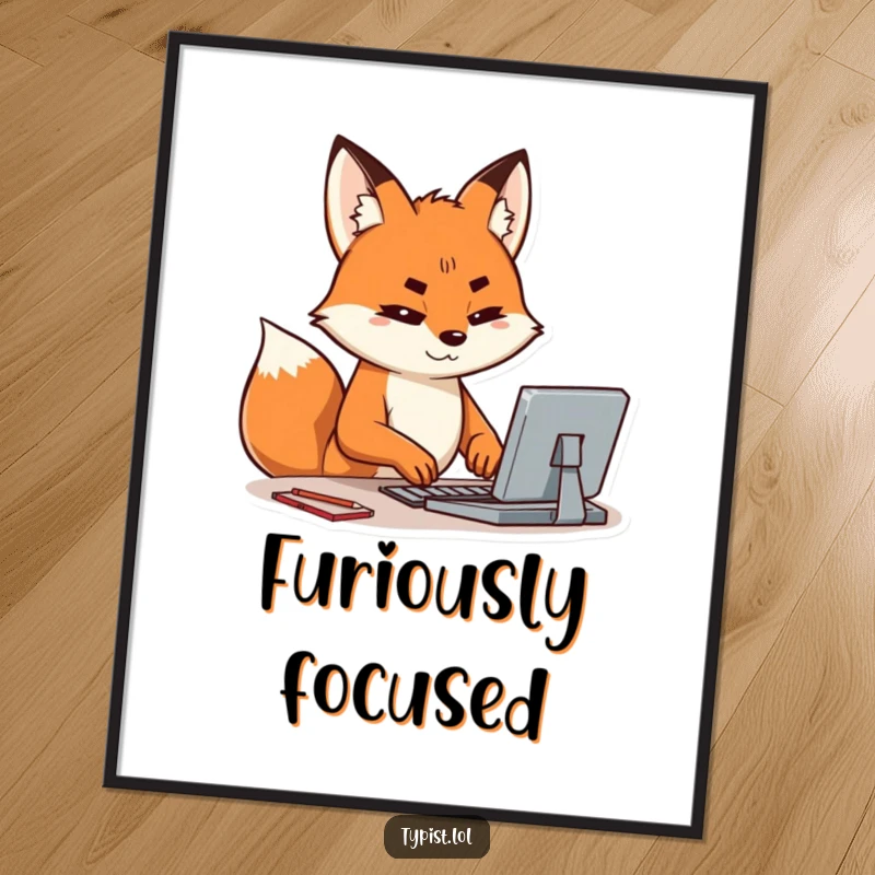 Funny digital art print of a happy fox typing intensely, brow furrowed in concentration, embodying cleverness and focus.