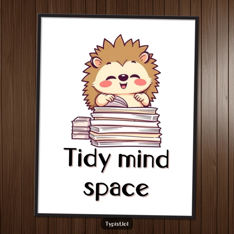 Funny digital art of a happy hedgehog meticulously organizing stacks of paper, conveying playful tidiness.