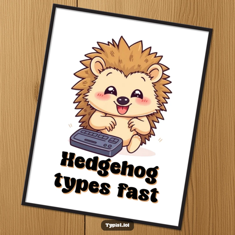 Funny digital art print of a happy hedgehog typing rapidly with paws flying, symbolizing humorous speed and efficiency for instant decor.