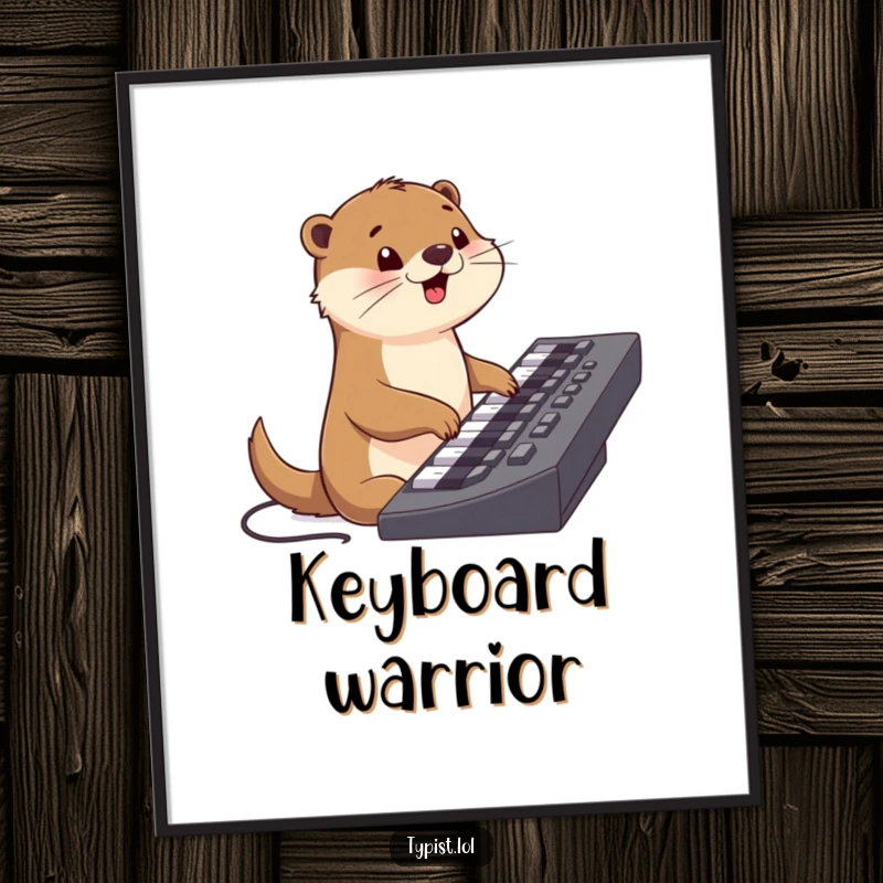 Funny digital art print of a cheerful otter character typing on a keyboard, perfect for instant download and tech-themed decor.