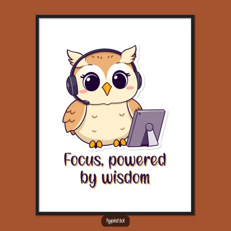 Funny Owl Typing Digital Art: Focused Decor, Headset Gift
