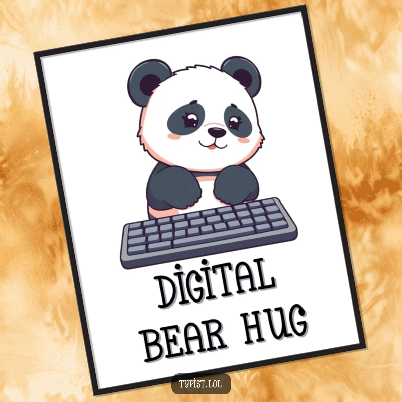 Funny panda with paws on a computer keyboard, looking curious, high-resolution digital art, great for funny gifts.
