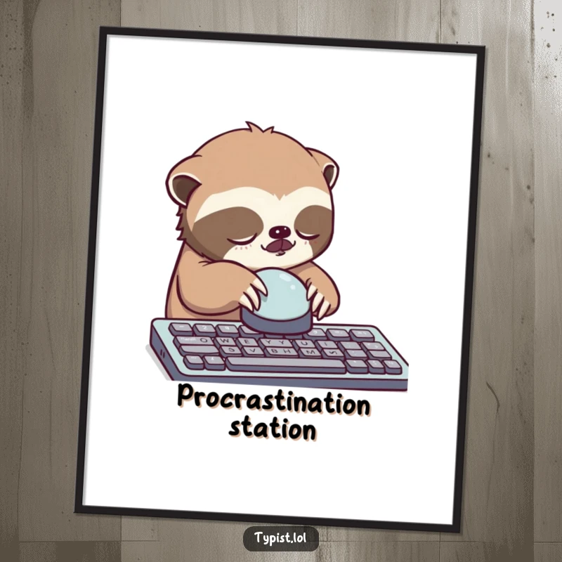 Funny sloth digital art print, sleepy sloth slowly pressing a large keyboard button, instant download.