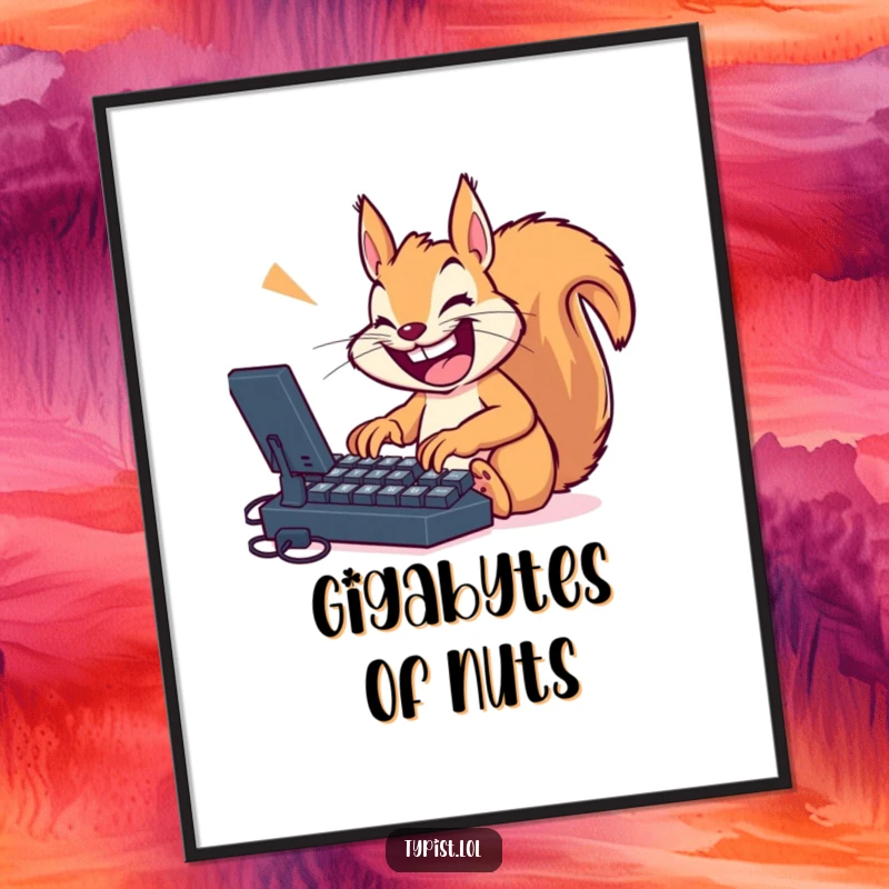 Funny, happy squirrel typing with intense focus on a massive keyboard, a digital art piece radiating energy and humor.