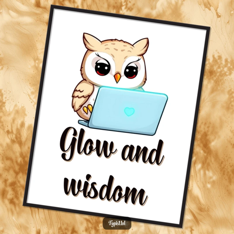 Funny owl concentrating intently on a glowing laptop screen, digital art print, humorous wall decor, instant download.