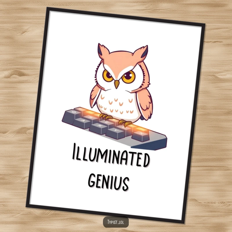 Funny Digital Art Print of a determined owl pecking at illuminated keyboard keys, symbolizing intense concentration and dedication with humorous flair.