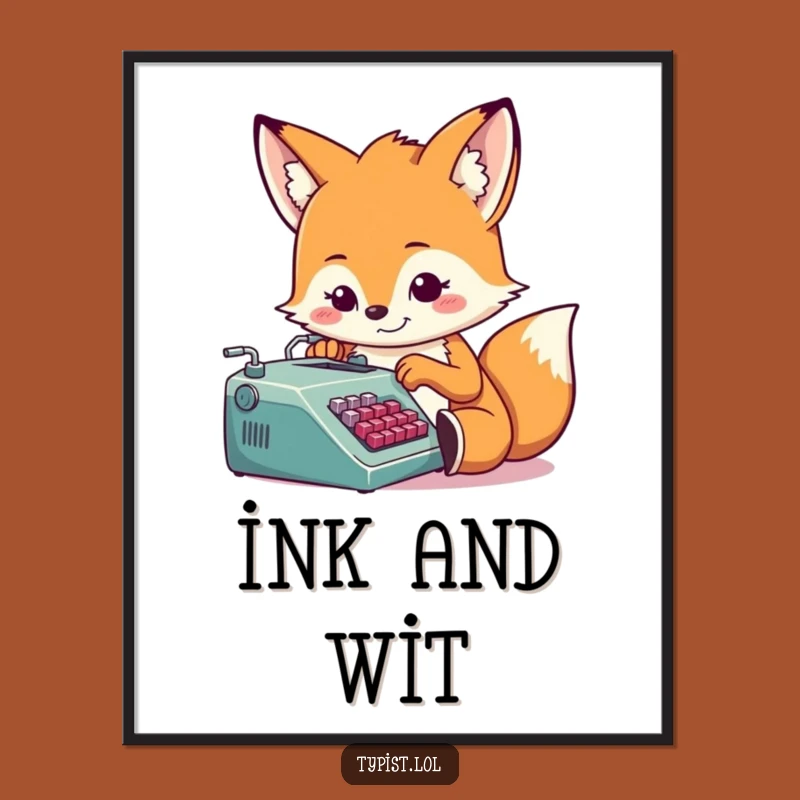 Funny Fox Typist Digital Art: Instant Download of Hilarious Wall Decor for Writers