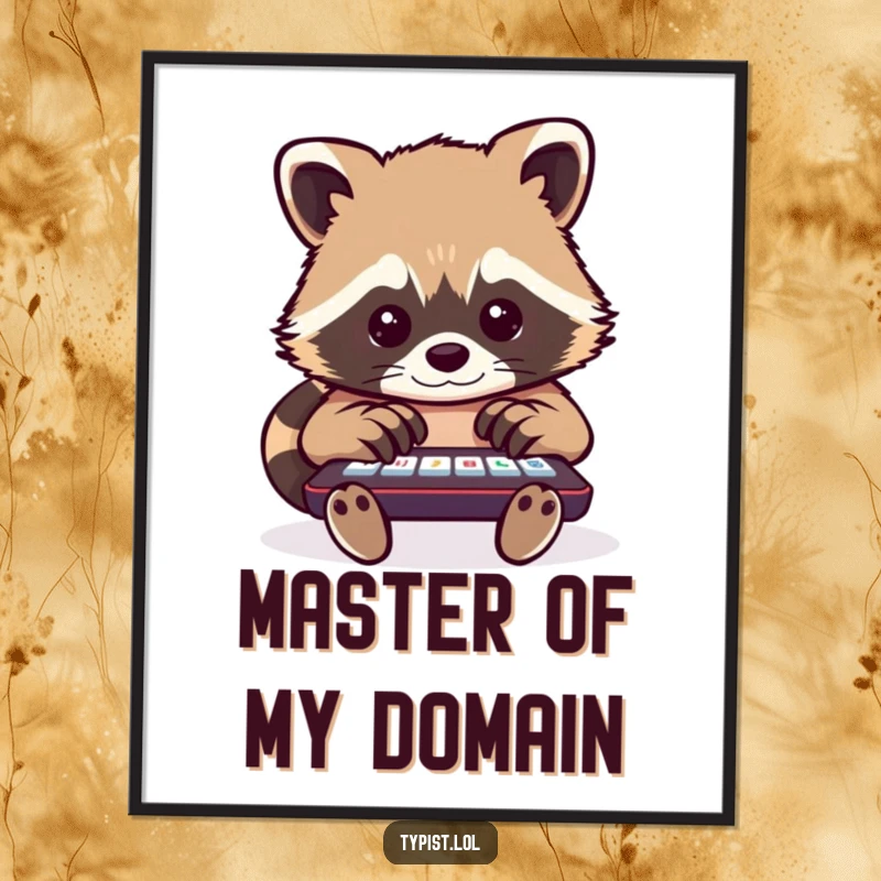 Funny raccoon typing digital art print, a busy raccoon with many paws on a large device, full of humorous energy.