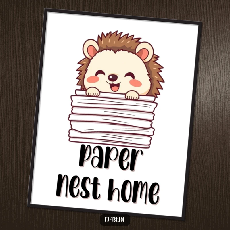 Funny happy hedgehog peeking out from behind a stack of papers, digital art print, humorous wall decor, instant download.