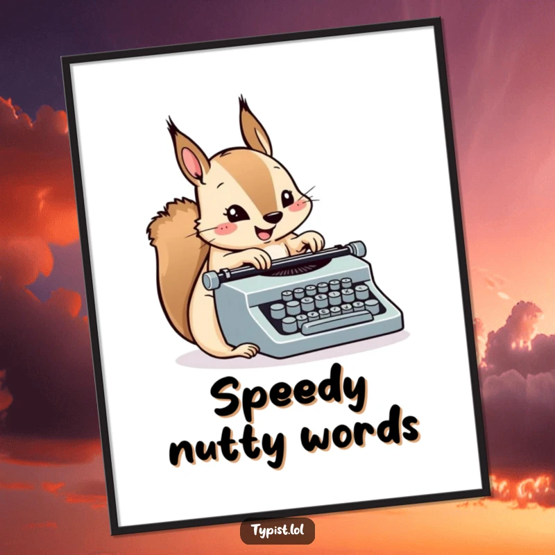 Funny Squirrel Typewriter Digital Art: A squirrel types incredibly fast on a tiny typewriter. Instant printable humor.