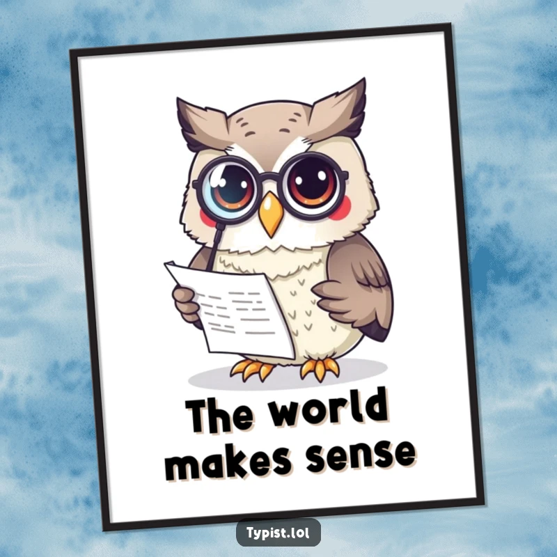 Funny Owl Digital Art Print: A curious owl wearing a monocle reads a document, offering sophisticated and witty humor for instant decor.