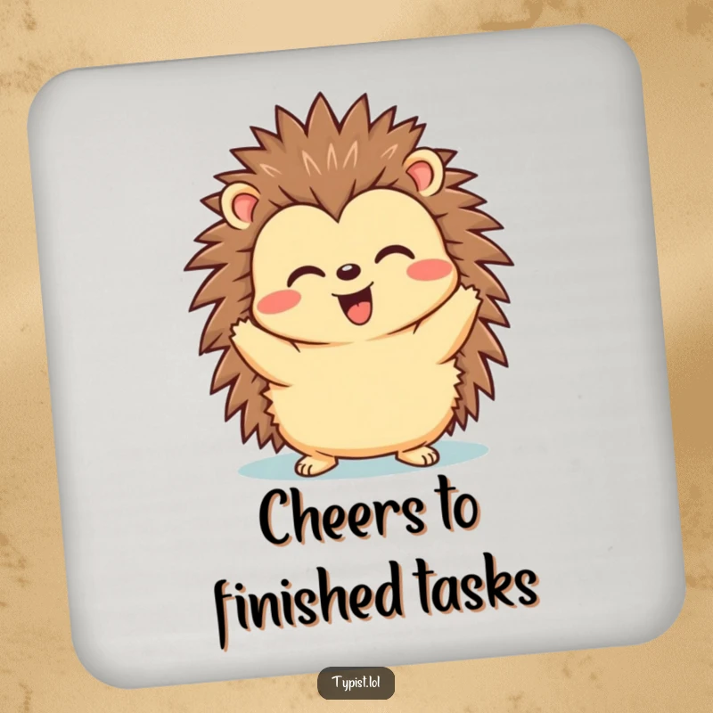 Funny drink coaster featuring a happy hedgehog with a triumphant expression after hitting send, celebrating success.