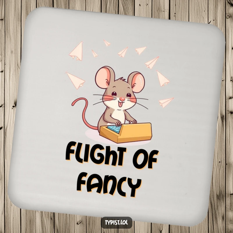 Funny brave mouse typing amidst falling paper airplanes, humorous drink coaster, protective table accessory.
