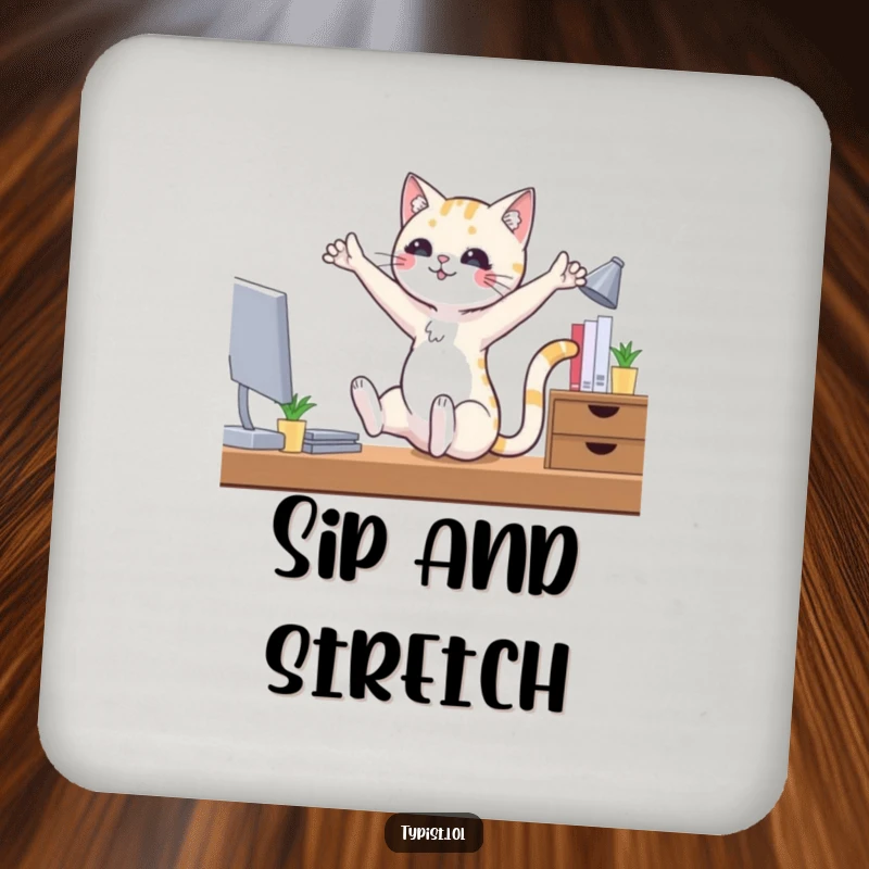 Funny ballet cat drink coasters showing a cat in ballet poses at a desk, protecting surfaces with hilarious feline charm.