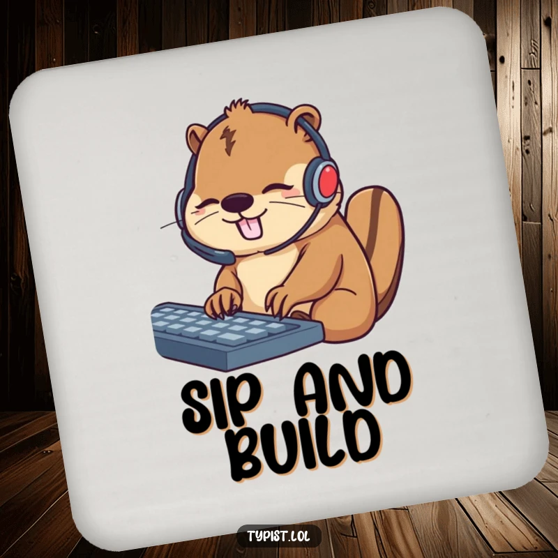 Funny drink coaster with a busy beaver wearing a headset and typing, offering surface protection with a cute and productive design.