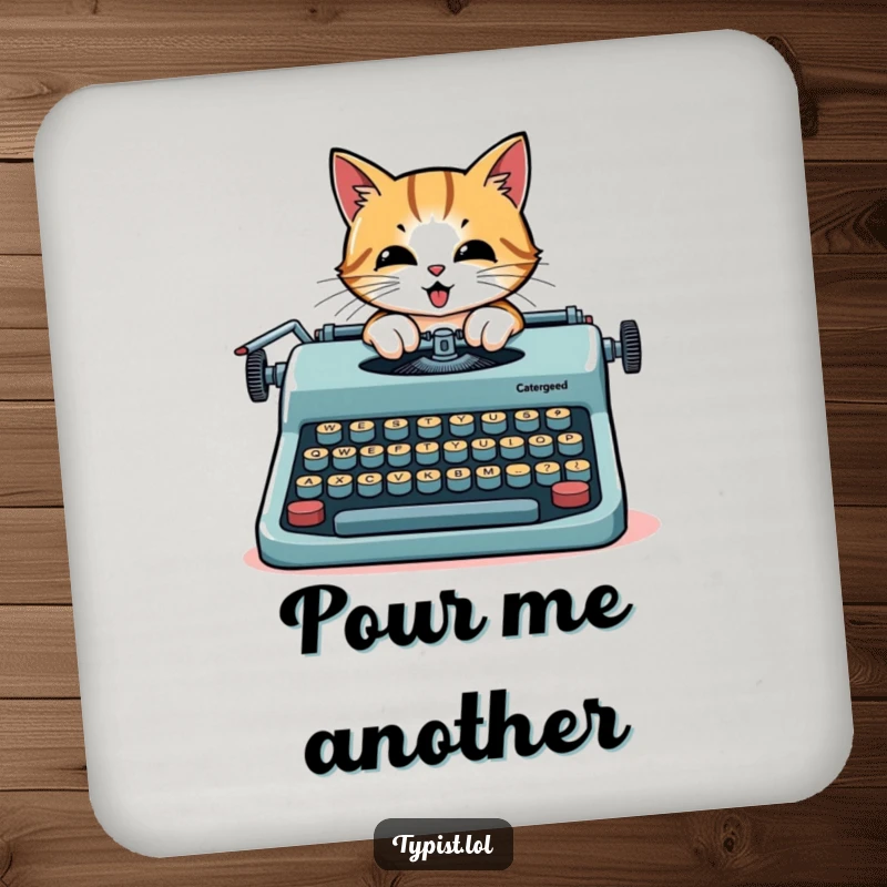 Funny cat coaster, a determined cat typing on a giant typewriter with oversized keys, protecting surfaces with literary flair.