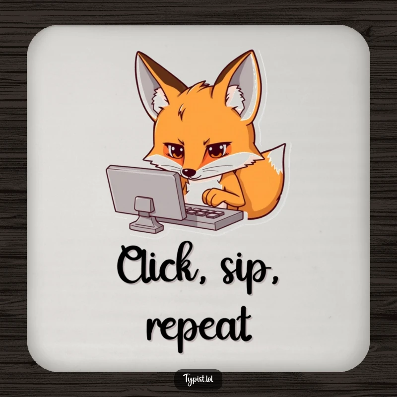 Funny drink coaster featuring a curious fox intensely focused on a screen, typing hands moving, with a tech theme.