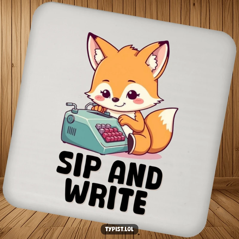 Funny fox typing on a miniature typewriter, round drink coaster, humorous desk accessory, literary theme.
