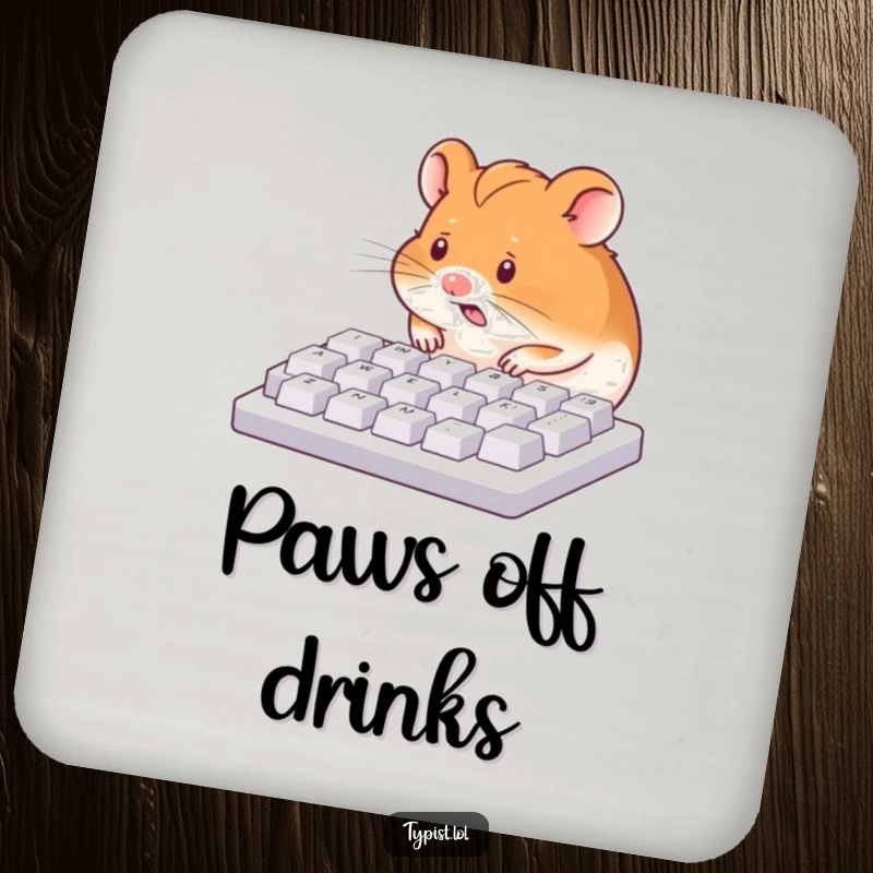 Funny drink coaster with a hamster pecking a keyboard with its nose, adding a touch of humor to beverage placement.