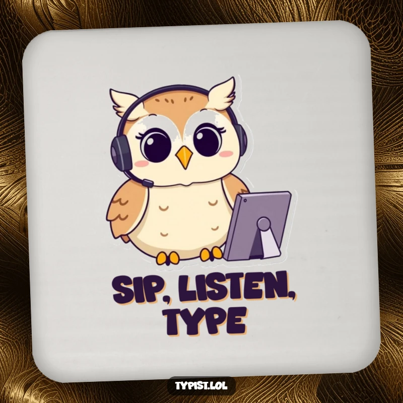 Funny Owl Coaster: A happy owl wears a headset and types with focus, humorous surface protection, great funny gift.