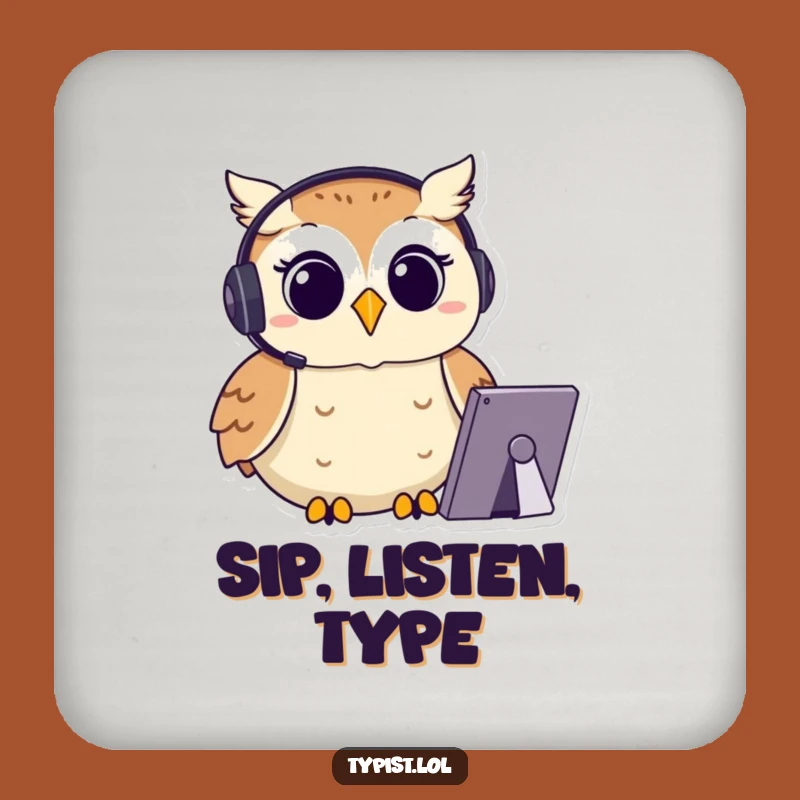 Funny Owl Coaster: Focused Typing Art Protector Gift
