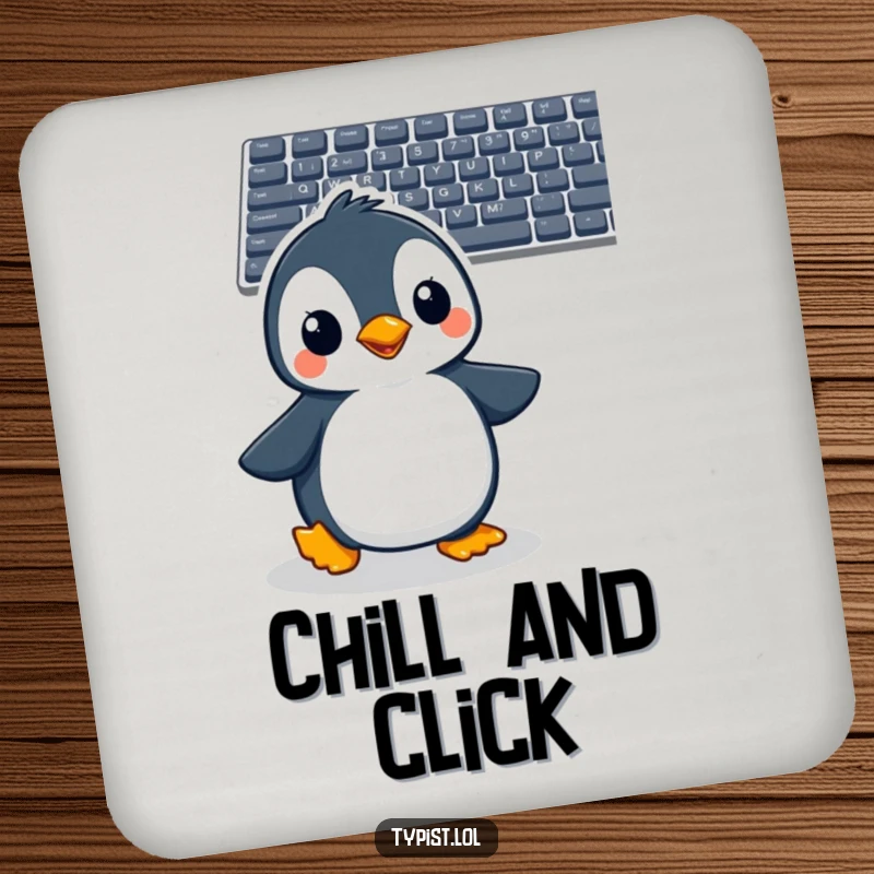 Funny penguin drink coaster with a cheerful penguin waddling towards a computer keyboard, anticipating typing.
