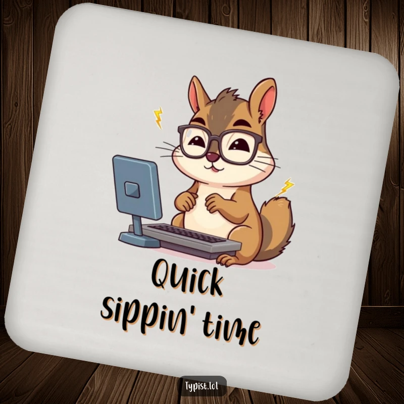 Funny squirrel wearing glasses typing intensely, featured on a protective drink coaster.