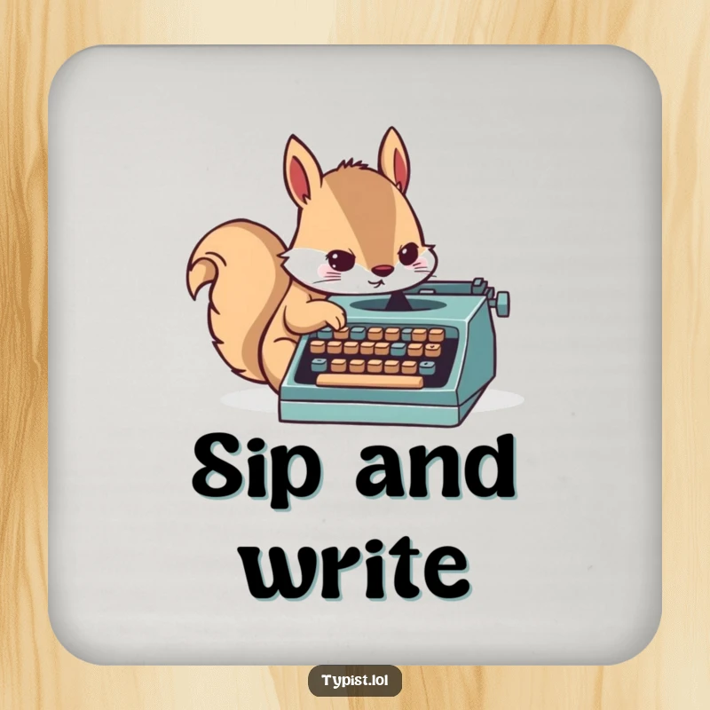 Funny drink coaster with a determined squirrel character typing rapidly on a small typewriter, adding humorous table protection.