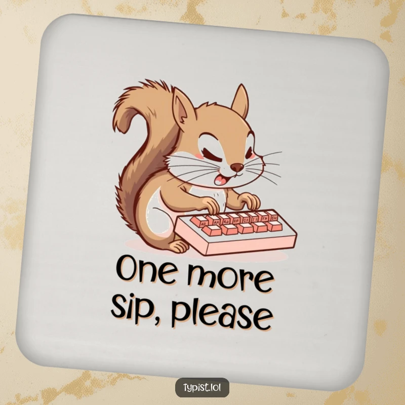 Funny squirrel coaster featuring a squirrel typing on a tiny keyboard, protecting surfaces with humor and charm.