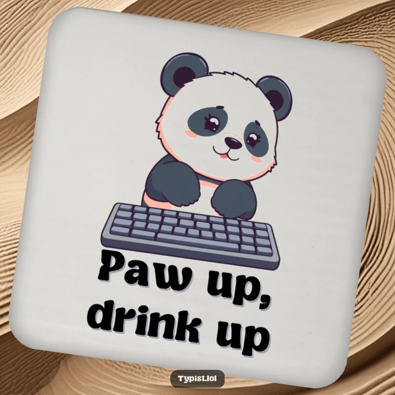 Funny panda with curious expression exploring a computer keyboard on a drink coaster, perfect for funny gifts.