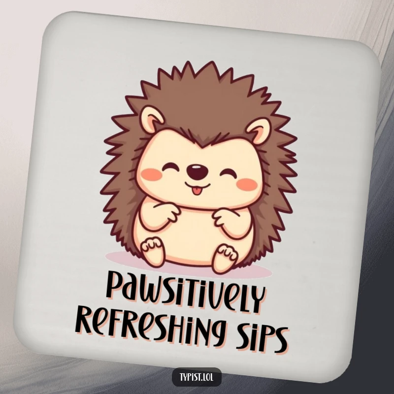 Funny hedgehog using all its paws to type, a coaster designed to protect surfaces with busy wit and humor.