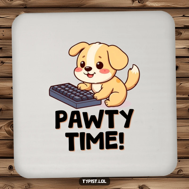 Funny Coaster featuring a playful dog pecking at a keyboard, its tail wagging, protecting surfaces with humorous charm.