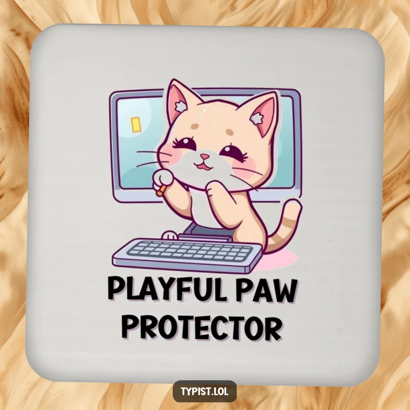Funny cat coaster featuring a playful cat batting at a computer cursor, protecting surfaces with humor and charm.