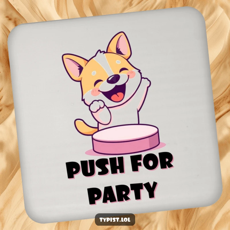 Funny drink coaster depicting a bouncing dog eagerly pressing a large button, adding humor to any beverage setting.