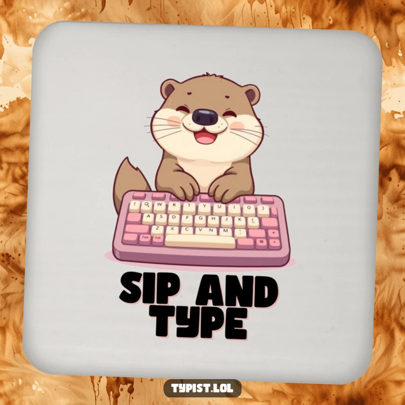 Funny drink coaster with a happy otter typing on a giant keyboard, offering surface protection with a cute and productive design.