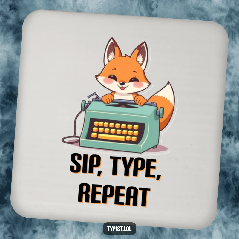 Funny Fox Typist Coaster: A proud fox types fast on a vintage typewriter, a humorous and protective surface art, funny gift.