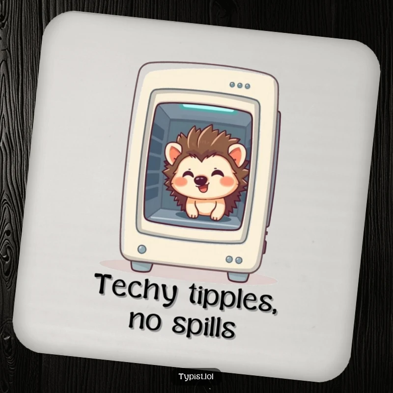 Funny Hedgehog Coaster: A giggling hedgehog peeks from a computer tower, humorous surface protection, great funny gift.