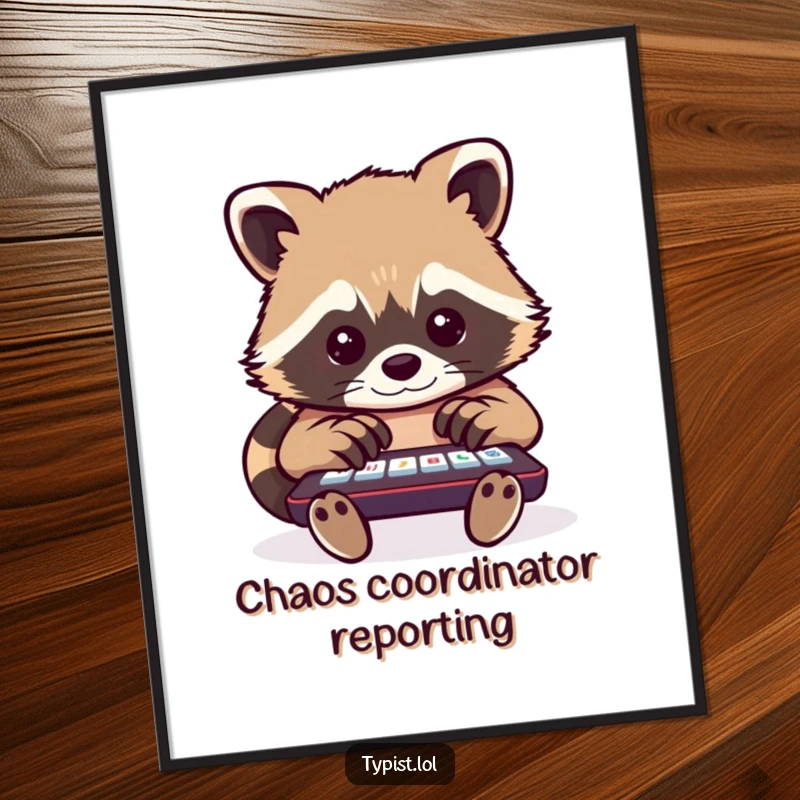 Funny raccoon poster showing a cheerful raccoon typing rapidly with multiple paws, bringing energetic humor to any room.