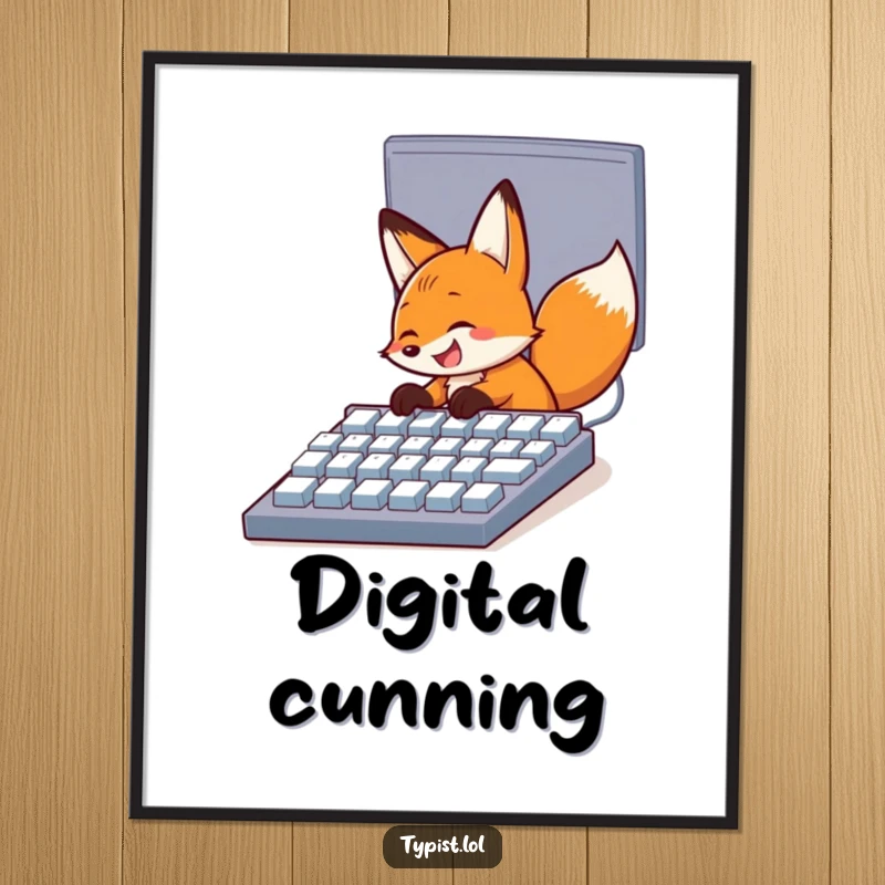 Funny poster of a happy fox with a wide grin, pecking rapidly at a colossal computer keyboard, celebrating digital life with humor.