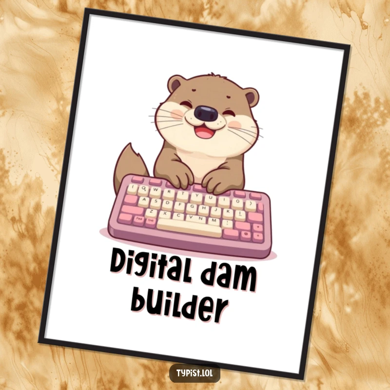 Funny poster featuring a happy otter diligently typing on a massive keyboard with its paws, conveying a sense of productive energy.