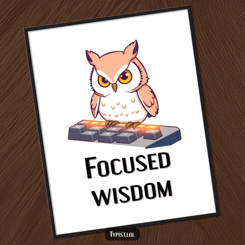 Funny Poster illustrating a determined owl pecking at illuminated keyboard keys, perfect for adding a humorous and focused vibe to any room.