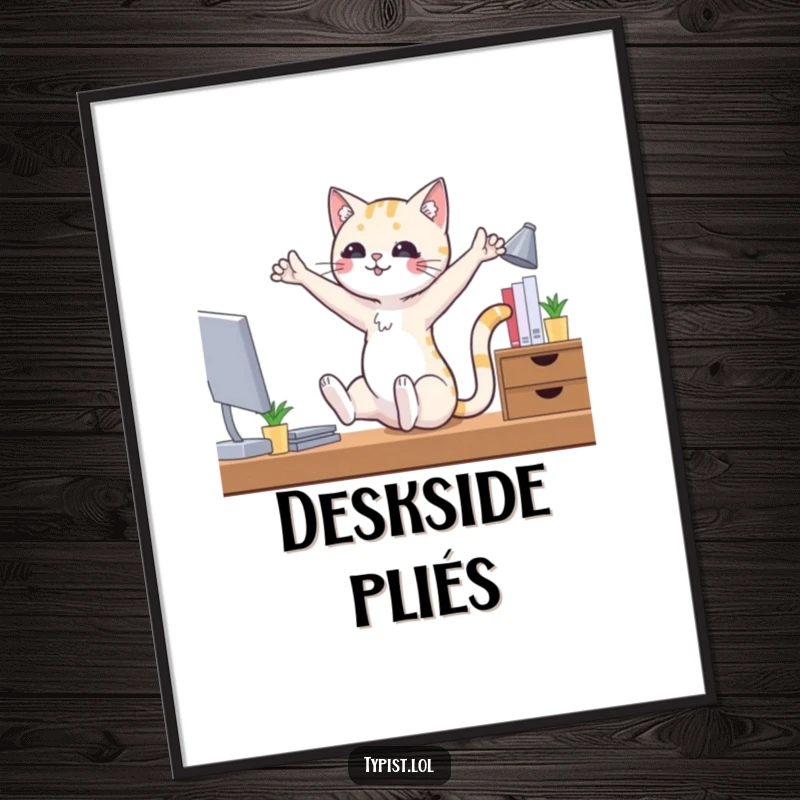 Funny ballet cat poster depicting a cat in ballet poses at an office desk, a humorous and artistic addition to walls.