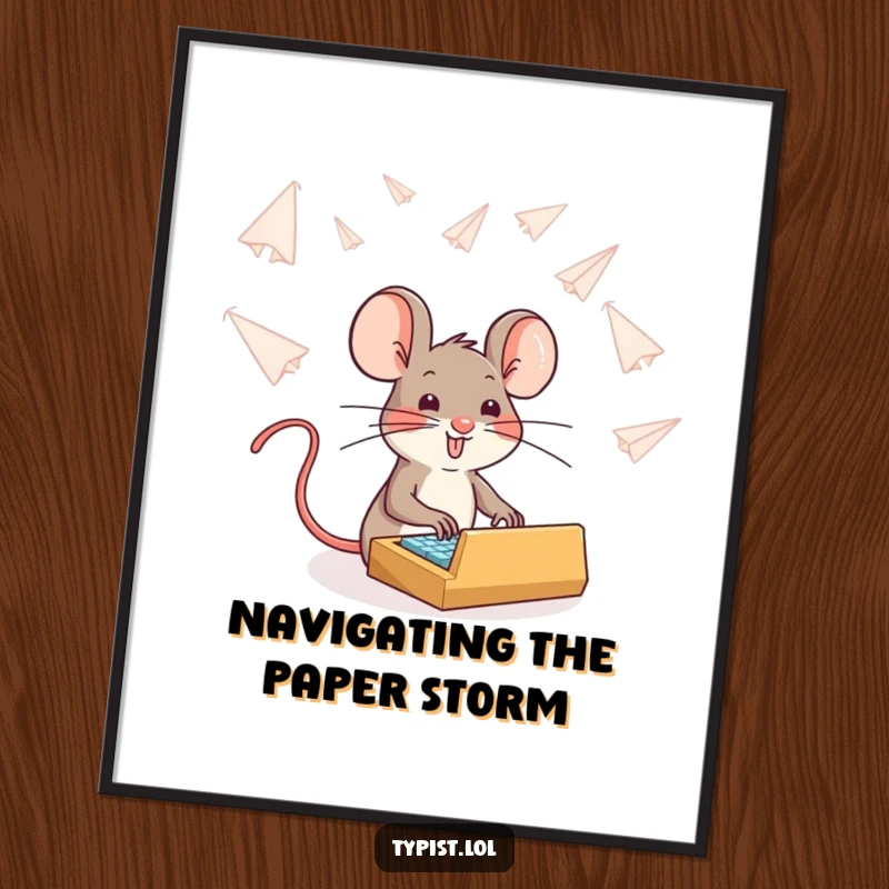 Funny brave mouse typing through a storm of paper airplanes, inspirational wall art, humorous animal poster.
