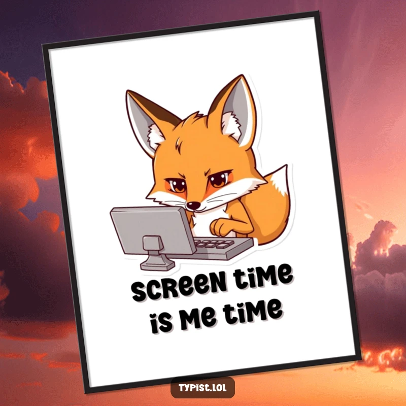 Funny poster showing a curious fox intensely focused on a screen with typing hands, symbolizing digital work.