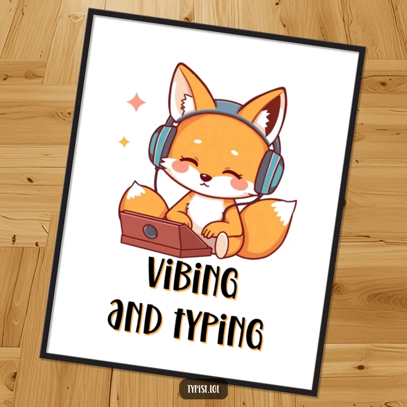 Funny poster of a cute fox character wearing headphones, bopping its head while typing, adding cool music vibes to decor.