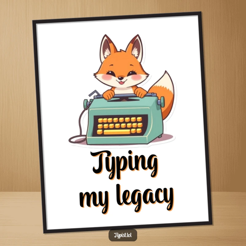 Funny Fox Typography Poster: A proud fox types rapidly on a vintage typewriter, artistic and humorous, a great funny gift for writers.