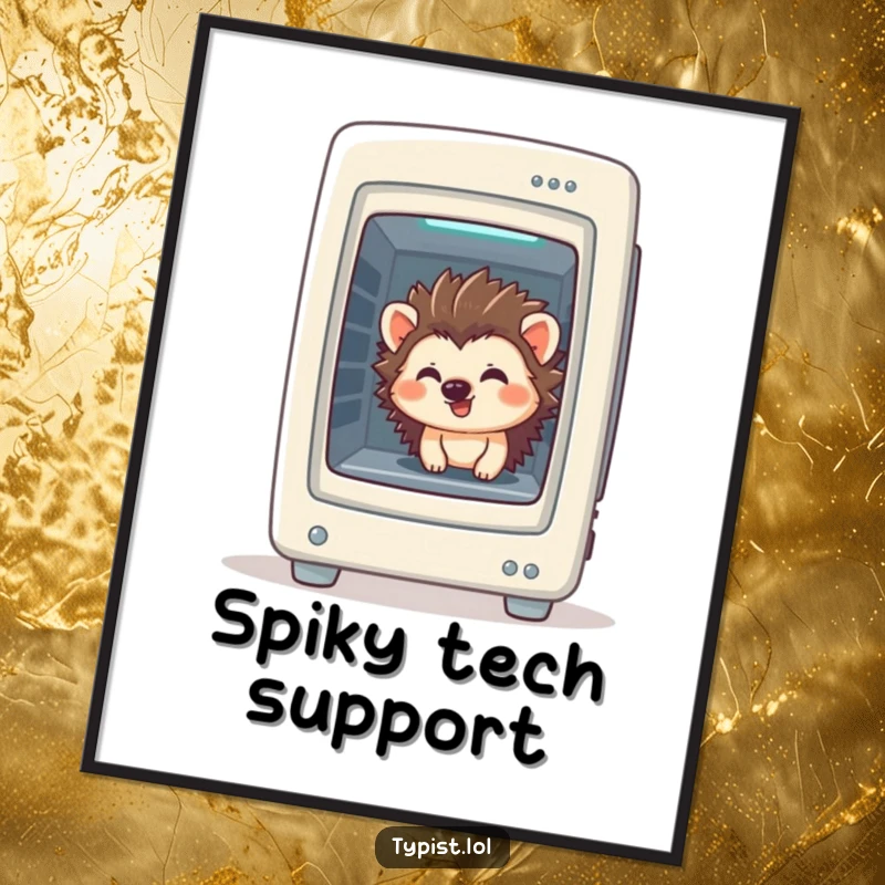 Funny Hedgehog Tech Poster: A giggling hedgehog peeks from a computer tower, humorous and charming wall art, great funny gift.